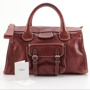 Chloe Edith Mahogany Satchel w/ Contrast Stitching